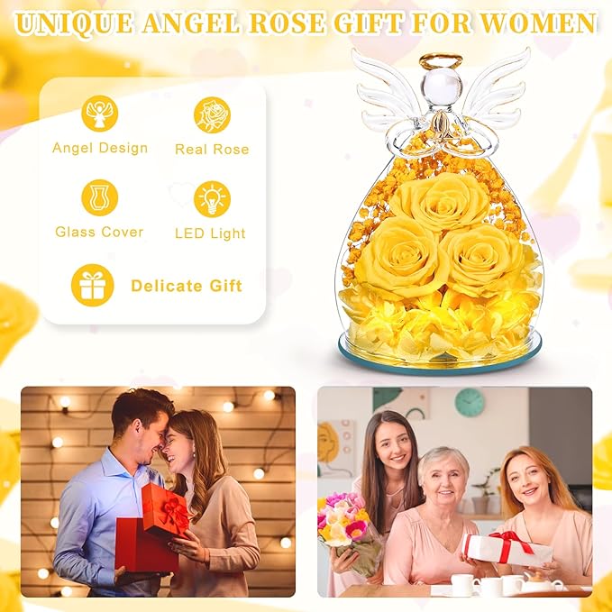 Beferr Valentines Day Rose Gifts for Her Women Mom Gifts for Birthday, Fresh Flowers for Delivery Forever Preserved Rose in Glass Angel Figurine, for Grandma Wife Daughter Girlfriend