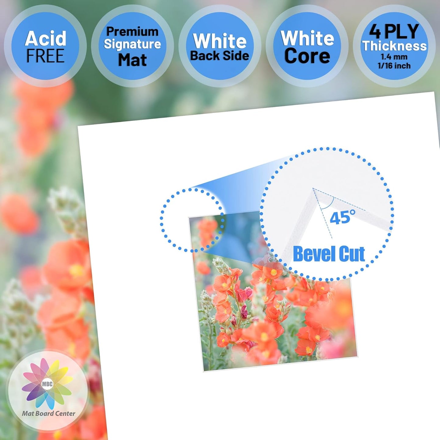 Mat Board Center, Pack of 10, 8x8 for 4x4 White Photo Picture Mats - Acid Free, 4-ply Thickness, White Core - for Pictures, Photos, Framing