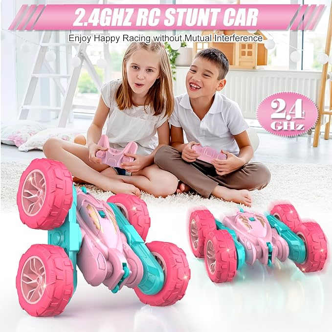 Pink Remote Control Car for Girls，2.4 Ghz Double Sided RC Cars 360° Rotating Remote Control Crawler with USB-C Easy Charging Car Toys for 4 5 6 7 8 9 10 Girls Birthday Gift Grandkids