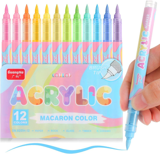 Guangna Acrylic Paint Markers 12 Colors, Skin Tone Series Set with Soft Brush Tip Water Based, Fine Tip Markers for Wood, Canvas, Rock Painting, Glass, Diy Crafts, Fabric Paint