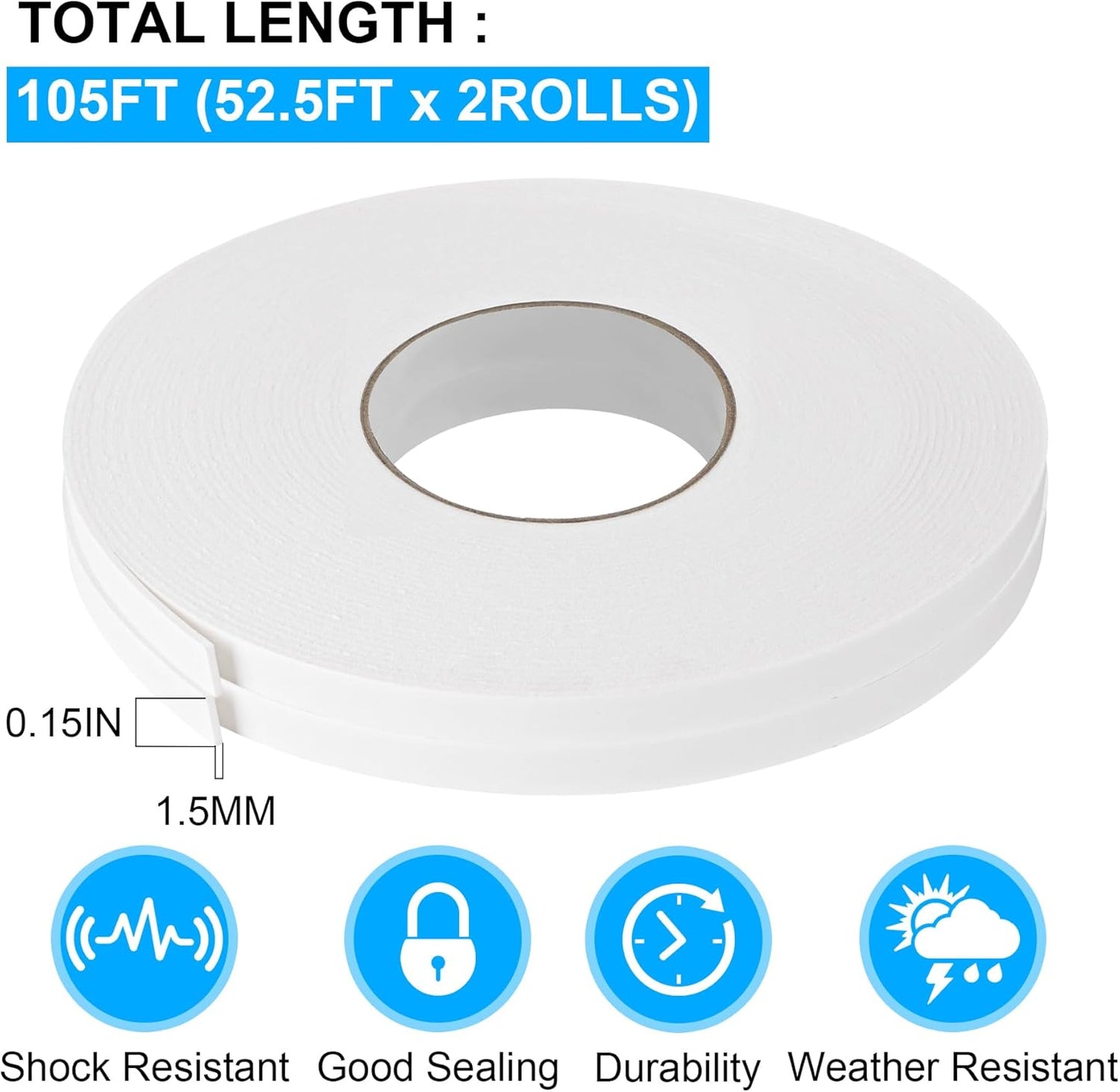 Double Sided Foam Tape 0.5In x 52.5FT 2 Pack, Mounting Tape Heavy Duty, Strong Adhesive Weatherproof Seal Strips for DIY Craft Picture Poster, Car & Gap Filling Mountings, Home Office Decor (White)