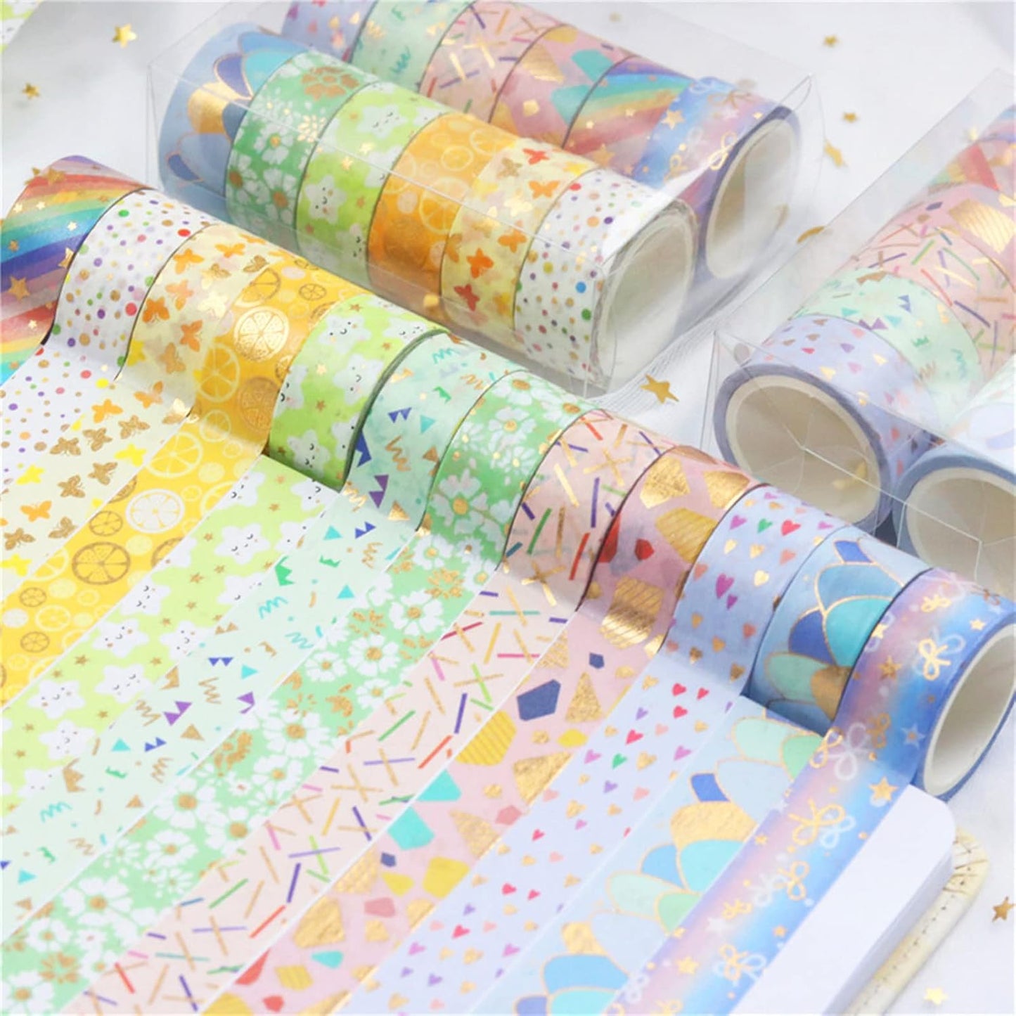 Candy Color Washi Tape Set 12 Rolls Bronzing Decorative Holiday Arts and Craft Washi Masking Tapes for Scrapbooking,Bullet Journal, Planner,Gift Wrapping, Stationery