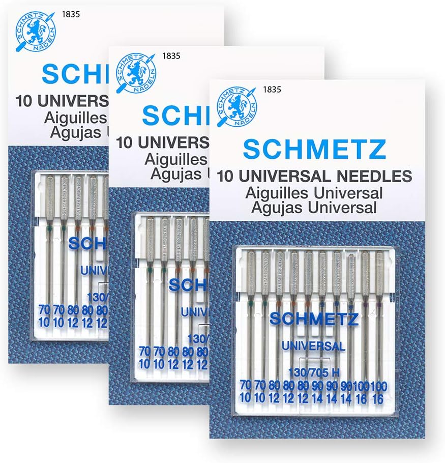 SCHMETZ Universal Sewing Machine Needles, Three 10-Pack Assortment, 30 Needles, 70/10, 80/12, 90/14, 100/16