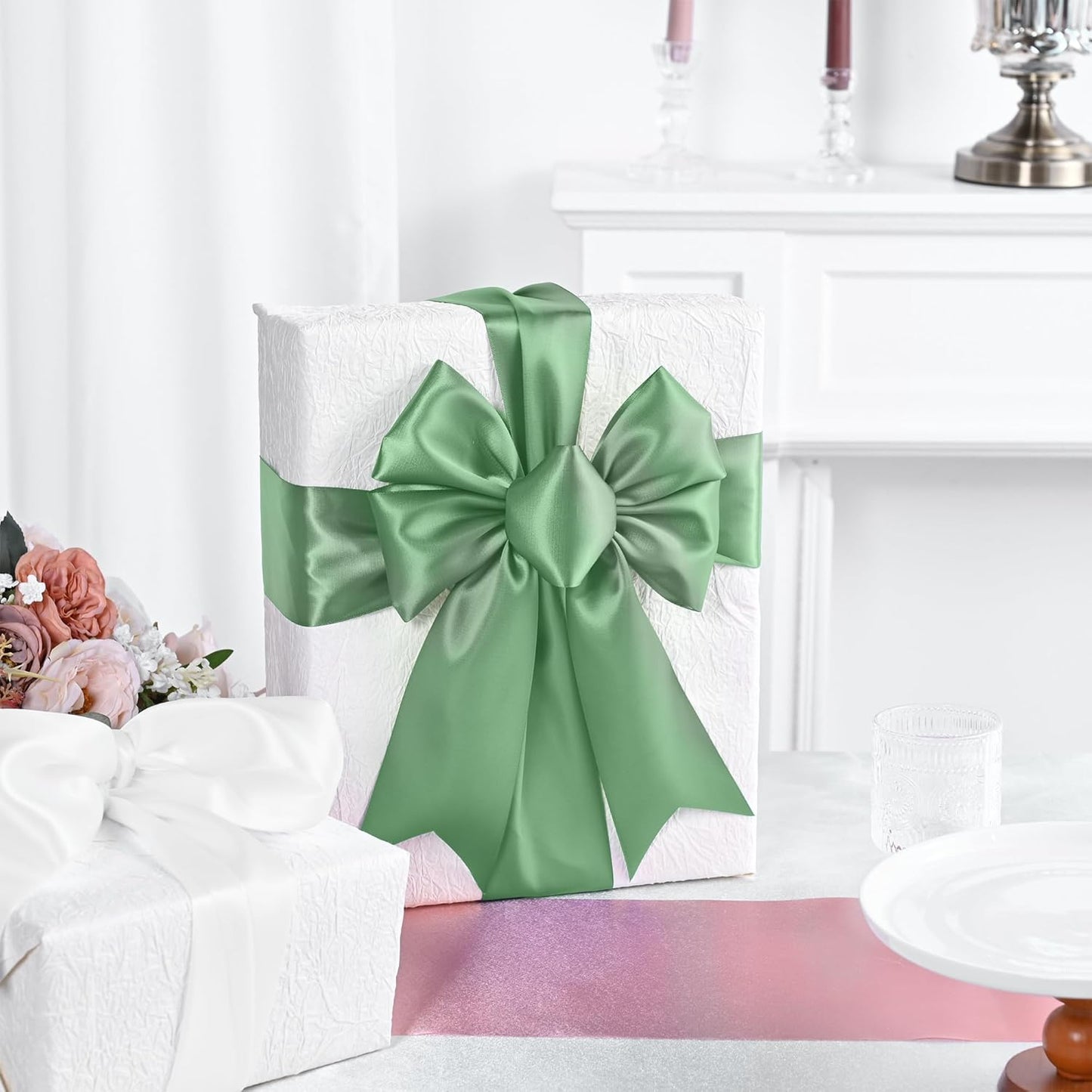 Sage Green Satin Ribbon 3 Inch X 15 Yards Solid Color Double Faced Ribbons Perfect for Crafts Wedding Decor Bow Making Arts Sewing and More