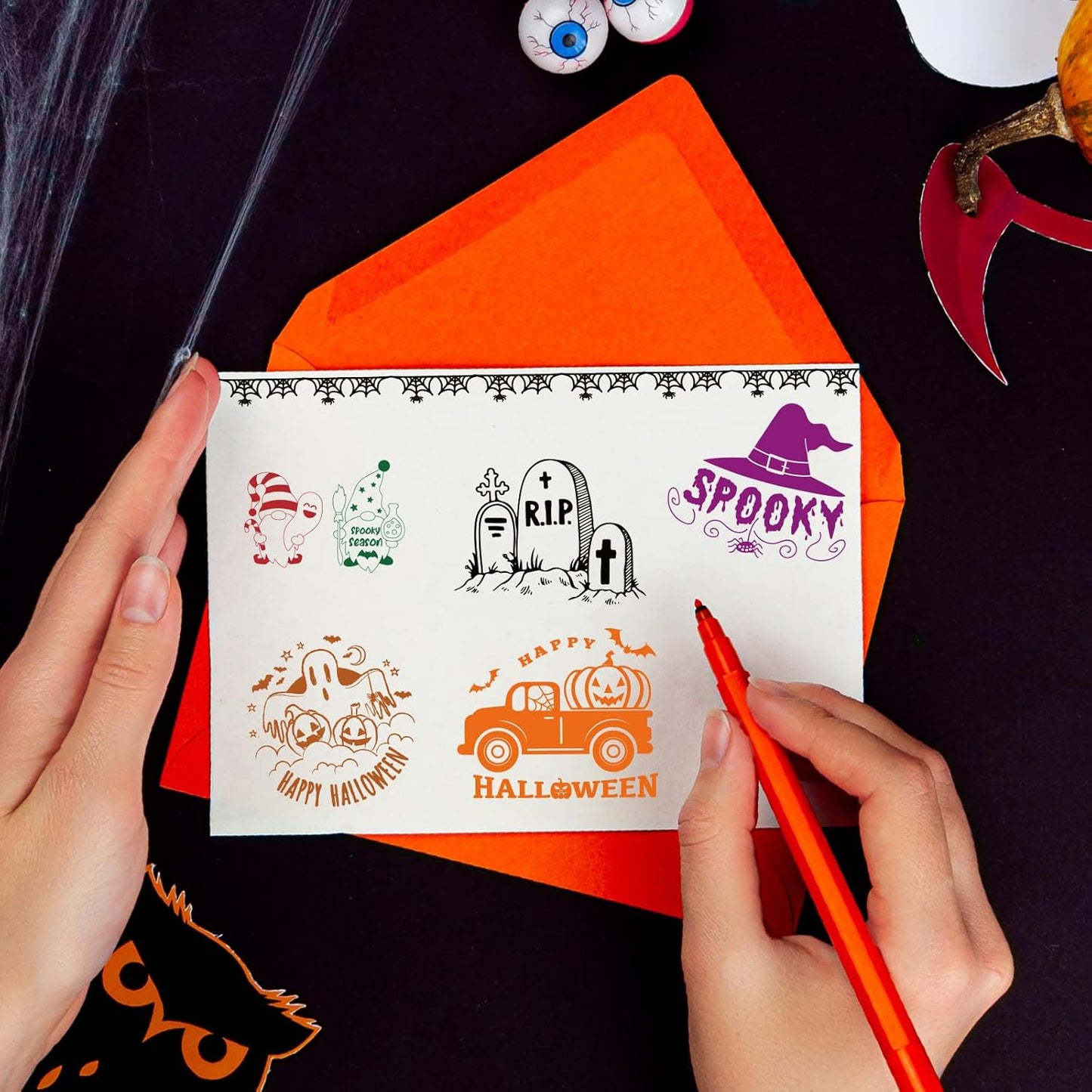 Whaline 5 Sheets Halloween Clear Stamps Gnome Pumpkin Spider Silicone Transparent Stamps Trick or Treat Border Stamp Cards for DIY Card Making Scrapbooking Embossing Album Decor