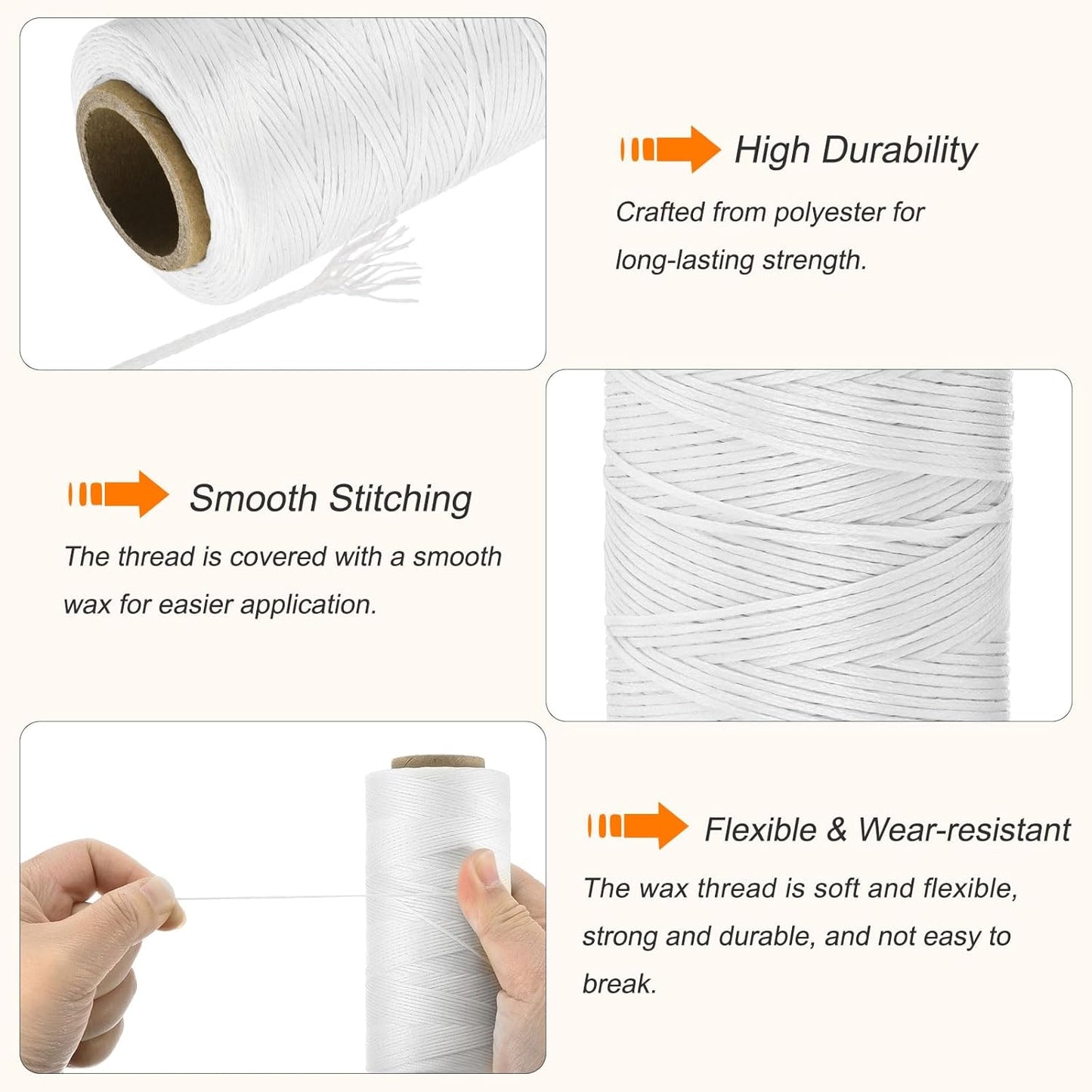 MECCANIXITY Waxed Thread,197 Yard 1mm 210D Flat Wax Thread Polyester Waxed String for Leather Sewing Hand Weaving Book Binding Home Decoration,White