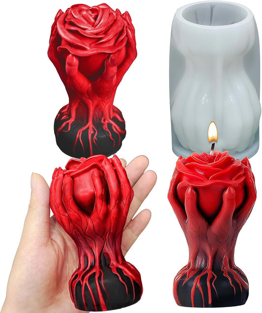 Hand Holding Rose Candle Mold, 3D Flower Silicone Mold for Candles Pillar Wax Plaster Epoxy Resin Craft Casting Gothic Home Décor Halloween Anniversary Birthday Handmade Gift