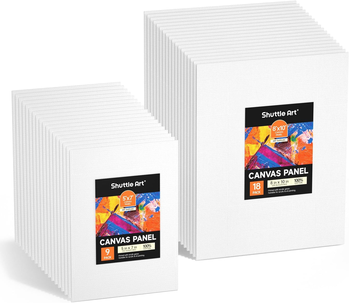 Shuttle Art Painting Canvas Panels, 36 Pack, 5x7, 8x10in (18 of Each), 100% Cotton, Primed White Canvas Boards for Painting, Blank Canvases for Kids, Adults & Artists for Acrylic and Oil Painting