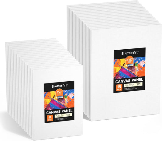 Shuttle Art Painting Canvas Panels, 36 Pack, 5x7, 8x10in (18 of Each), 100% Cotton, Primed White Canvas Boards for Painting, Blank Canvases for Kids, Adults & Artists for Acrylic and Oil Painting