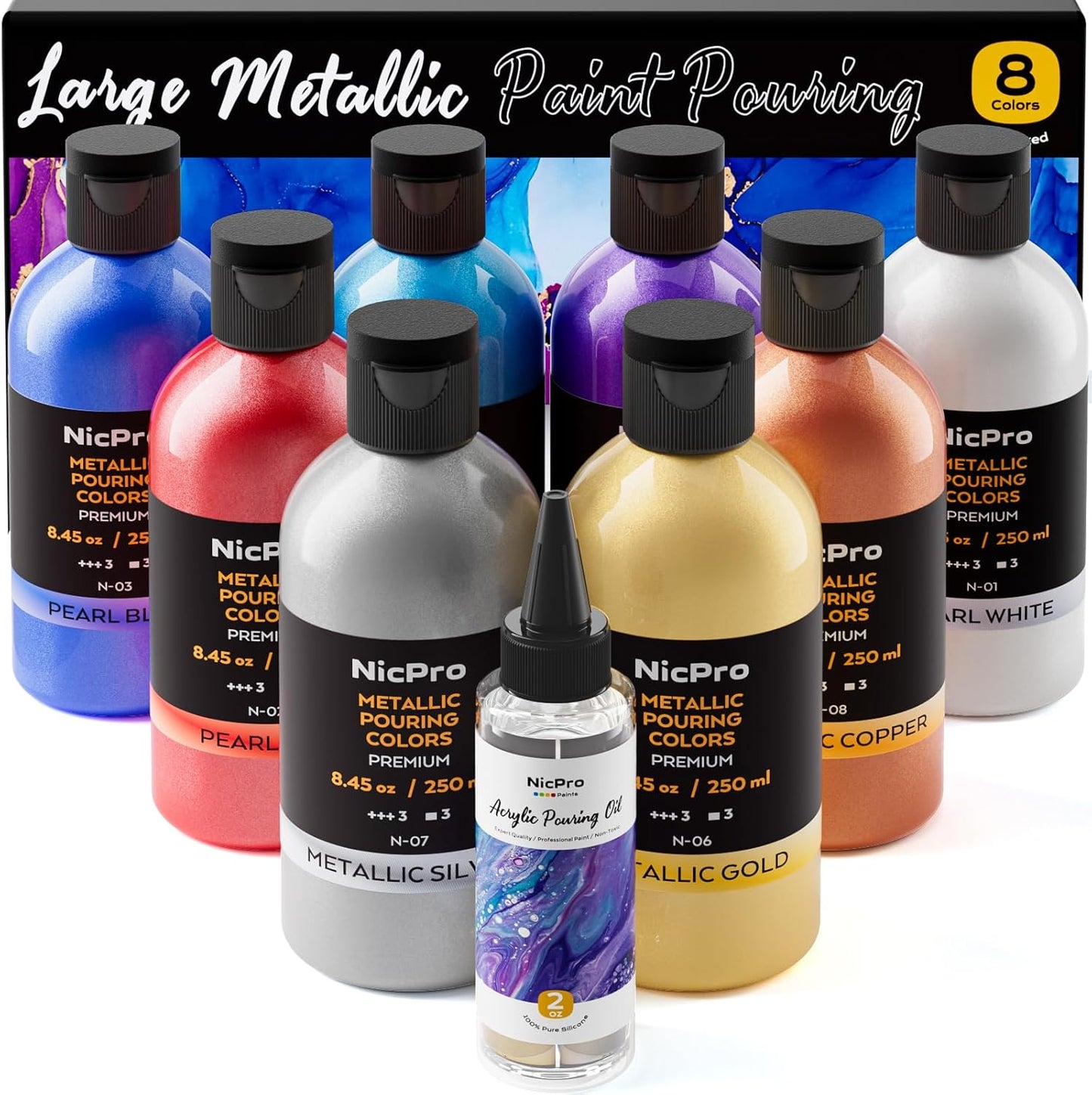 Nicpro 8 Colors 8.45oz Metallic Acrylic Pour Paint Supplies Kit, Large Volume Ready to Pour Premixed High Flow Pouring Paint Set with Silicone Pouring Oil, Gloves, Instructions for Beginner DIY