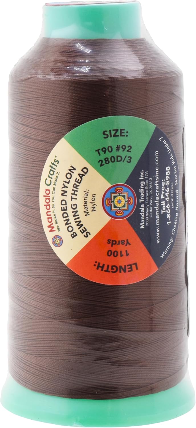 Mandala Crafts Bonded Nylon Thread Brown Heavy Duty Sewing Threads - 1100 YDs Size 92 280D T90 Tex 90 Thread for Leather Jeans Weaving Outdoor Marine Upholstery Threads
