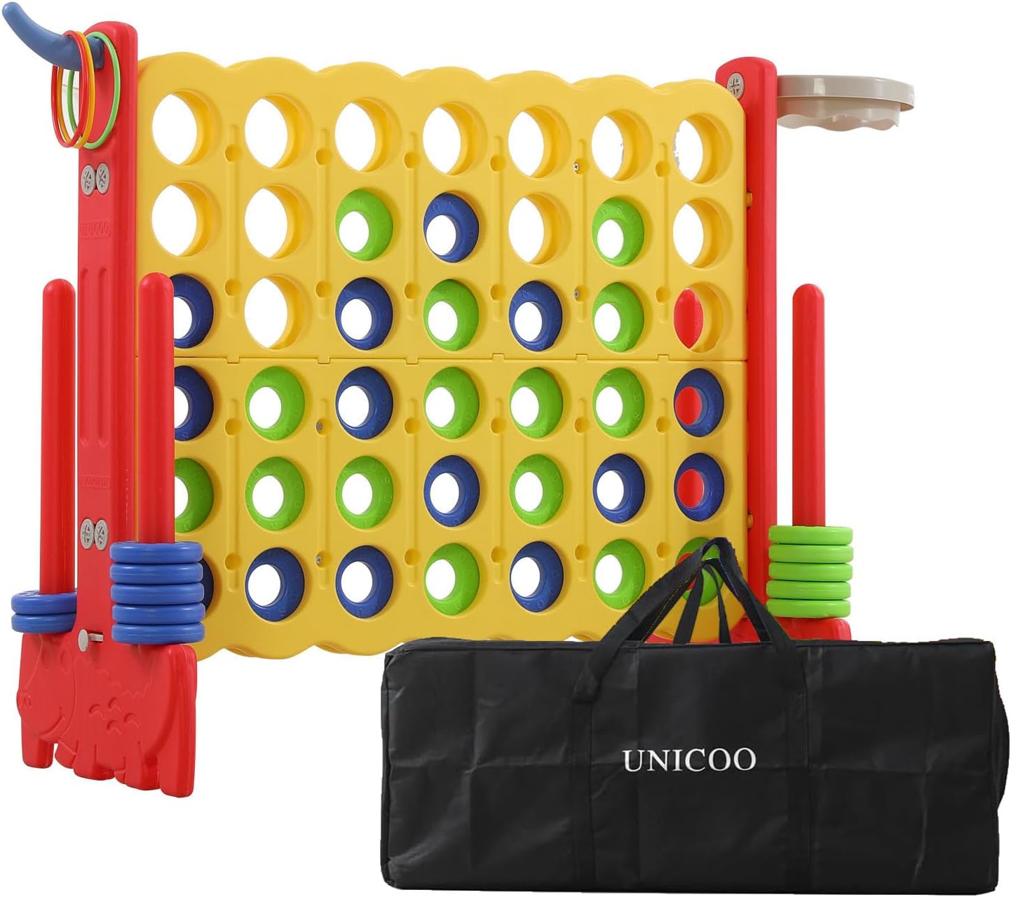 UNICOO Giant 4-in-A-Row with Carry Bag, Ring Toss, Basketball Hoop - Large Outdoor Game for Family Fun - Big Jumbo Game Set for Backyard Parties, BBQs, and Gatherings (Red + Yellow)
