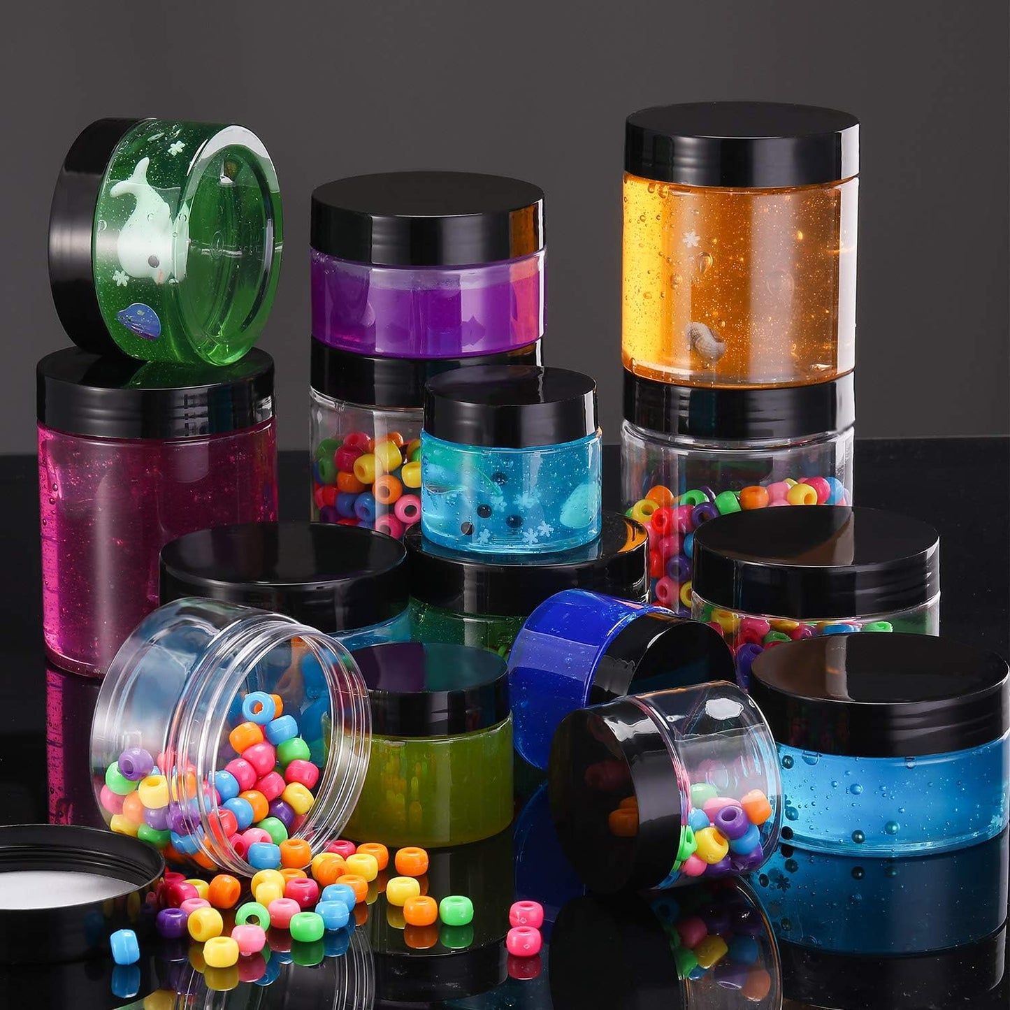 SATINIOR 12 Pack 10 oz Plastic Container Jars with Lids Round Clear Travel Cosmetic Container Slime Jars for Toiletries, Lotion, Cream, Ointments, Makeup, Rhinestone, Samples, Kitchen Storage(Black)