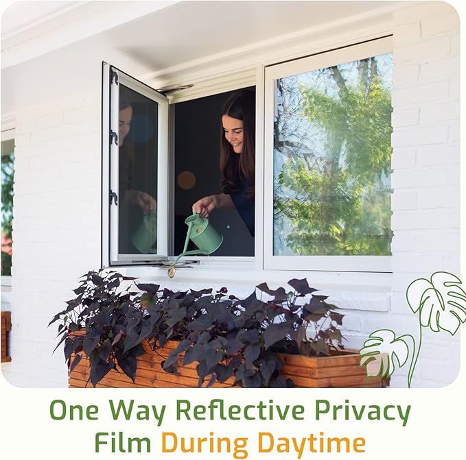 LUTE One Way Window Privacy Film, Window Tint for Home, Sun Blocking UV Heat Blocker, See Out Not in Reflective Mirror Film, Removable Static Cling Glass Door Cover, Black Silver, 35.4" x 157.4"