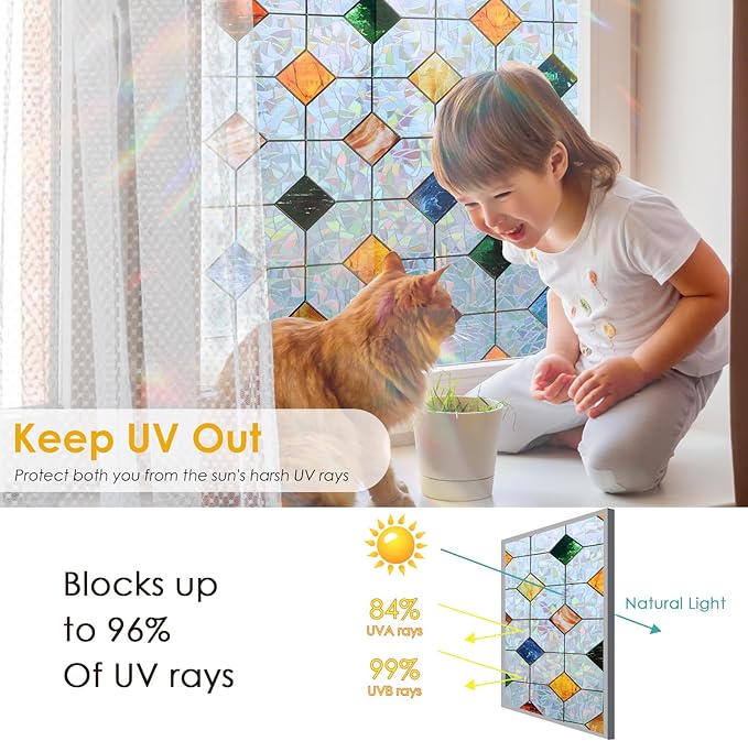DKTIE Colorful Gem Lattice Pattern Decorative Window Privacy Film Rainbow Stained Glass Window Film Classroom Decor Renter Friendly Decor (S533, 17.7in X 118.1in)