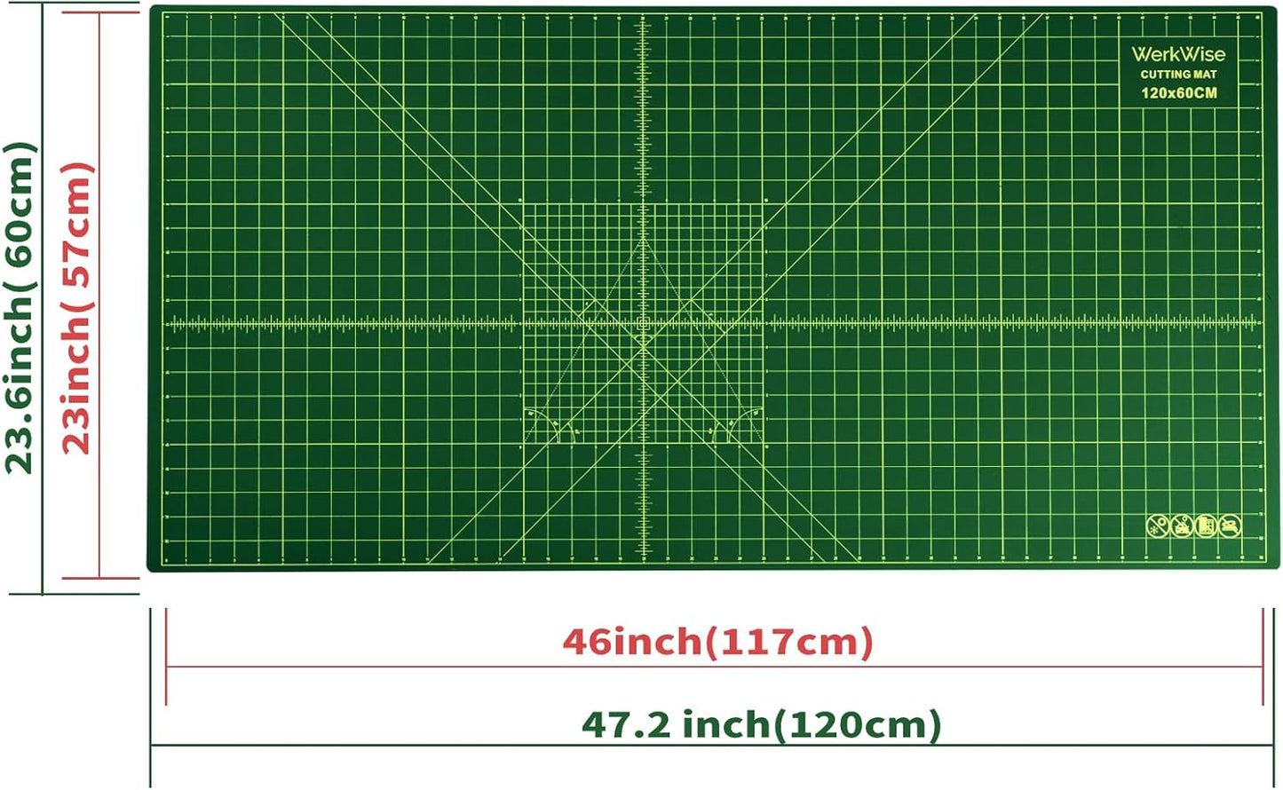 Large 23" x 47" Self Healing Sewing Mat, WerkWise Rotary Cutting Board, Double Sided 5-Ply 23x47 Inch Mat for Quilting, Sewing, Fabric, & Crafts, Designed for Use with Rotary Cutters (Green & Black)
