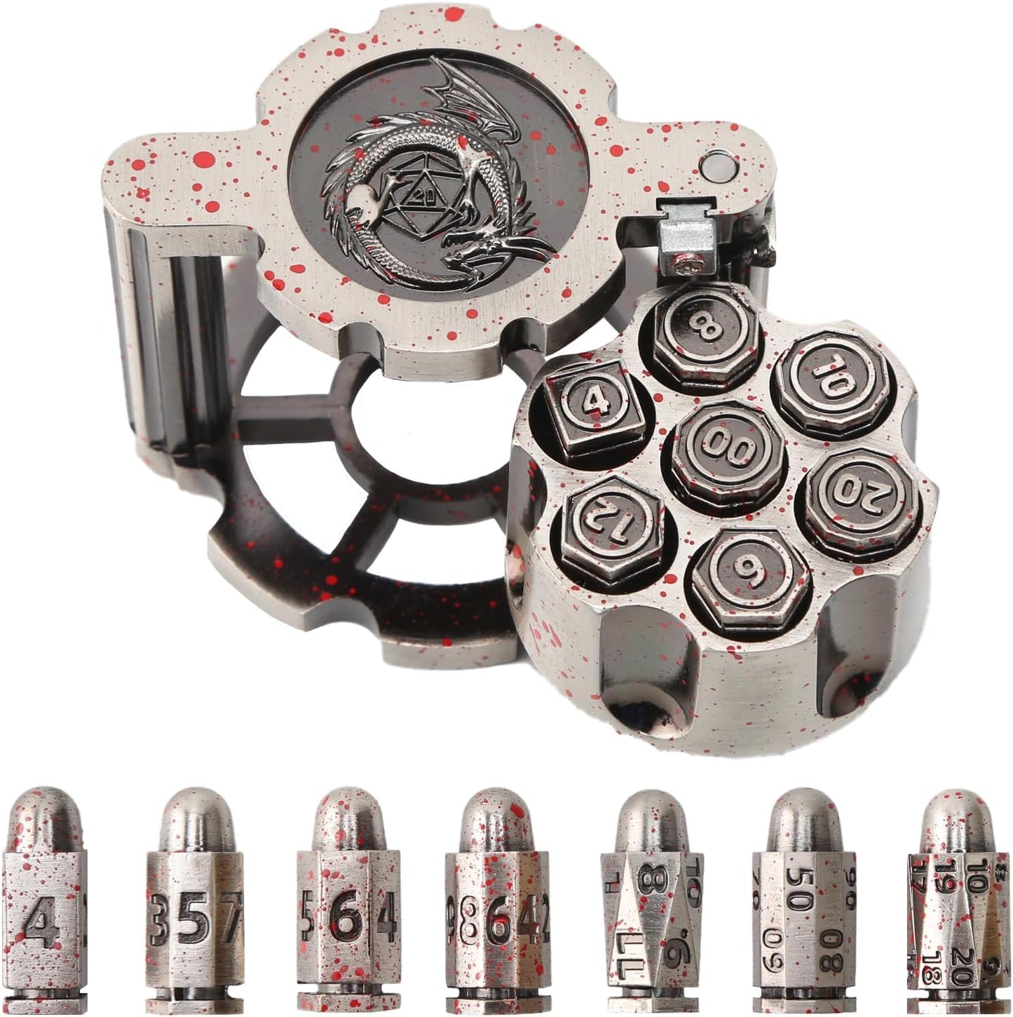 Bullet Dice, Revolver Bullet Metal Dice Set with Spinning Revolver Cylinder Container & Seven Polyhedron Dices for Sci-Fi, War, Crime Theme Tabletop Games
