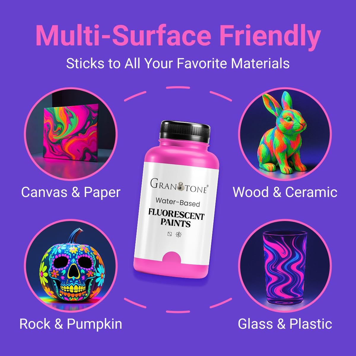 GRANOTONE Neon Fluorescent Acrylic Paint Set - 6 Colors, 16 oz Each | Glows in Black Light | Non-Toxic & Vibrant Paint | Ideal for Art, Crafts, Kids, & Hobbyists | Made in India