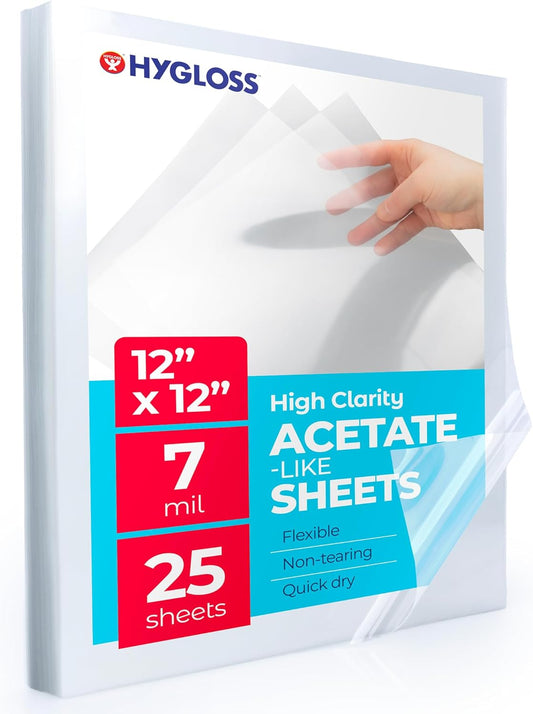 Hygloss 12" x 12" Acetate Paper - 7 Mil Clear Acetate Sheets for Crafts Projects, Cricut Stencil Sheets, Classroom Stencil Sheets, Reusable Transparent Clear Plastic Sheet (Not for Printers) 25 Pack