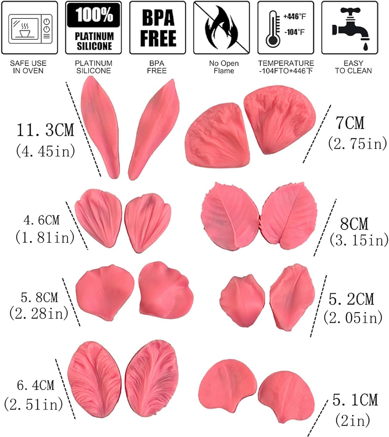 Gumpaste Flower Silicone Veiner Mold 8 Set, Fondant Flower Mold Leaf Tulip Orchid Molds Sugar Gum Paste Molds Cake Decoration Tool for Rose Lily Orchid Tulips Hibisus Rose Leaf (A)
