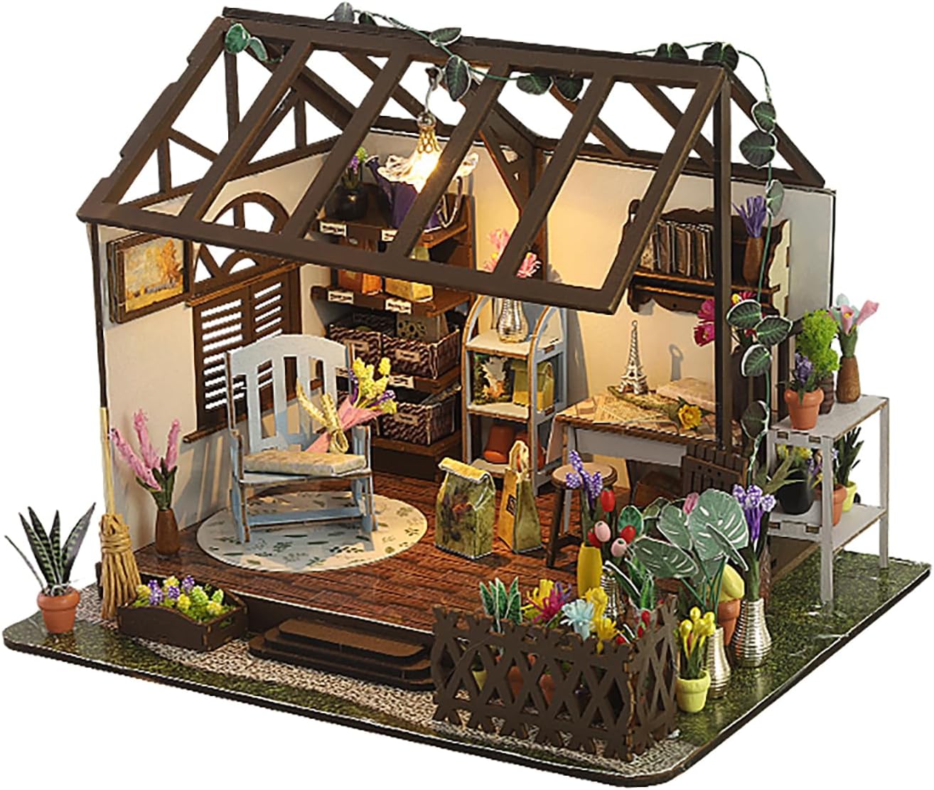 This DIY Miniature Building Set Helps You Create Your own Cozy Greenhouse with All The Furniture Included. It's Suitable for Adults and Teenagers and Makes a Great Gift for Halloween and Christmas.