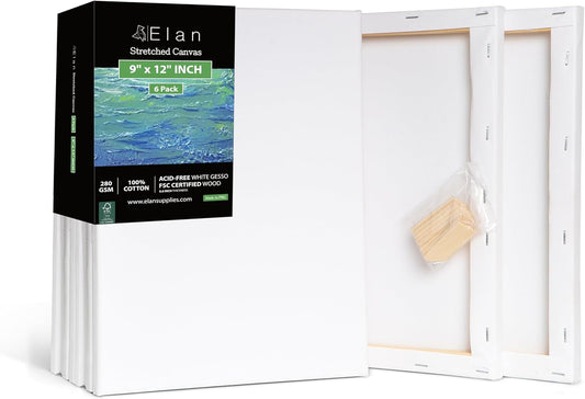 Elan Stretched Canvases 9x12 Inch, 6-Pack Blank Canvases for Painting 8 oz, Triple Primed Stretched Canvas for Painting, 9x12 Canvas Bulk