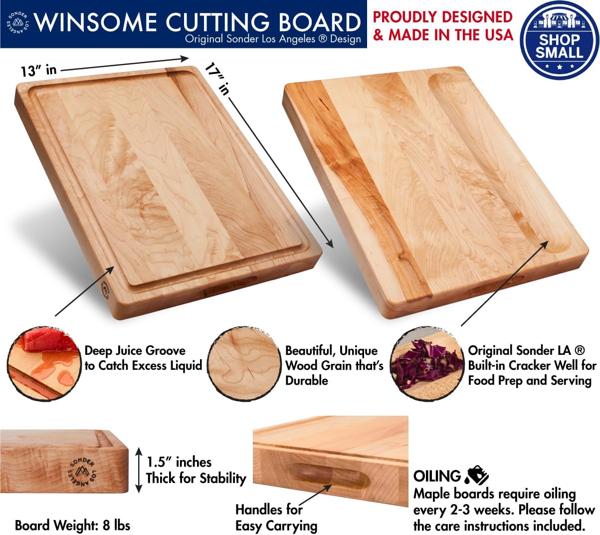 Sonder Los Angeles, Made in USA, Large Thick Maple Wood Cutting Board for Kitchen with Juice Groove, Sorting Compartment, Charcuterie Wooden Board 17x13x1.5 in (Gift Box Included)
