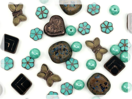45+ pcs (2.1oz=60g) of Focal Glass Bead Mix with Table-Cut Flower and Butterfly Beads, PG Turqouise Brown Brass