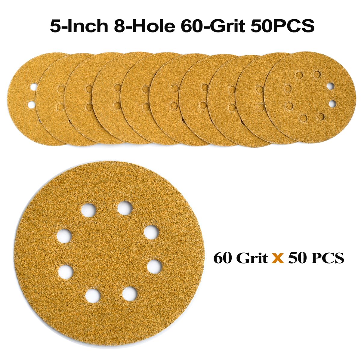 5-Inch 8-Hole Hook and Loop Sanding Discs 60-Grit Random Orbit Sandpaper, 50-Pack