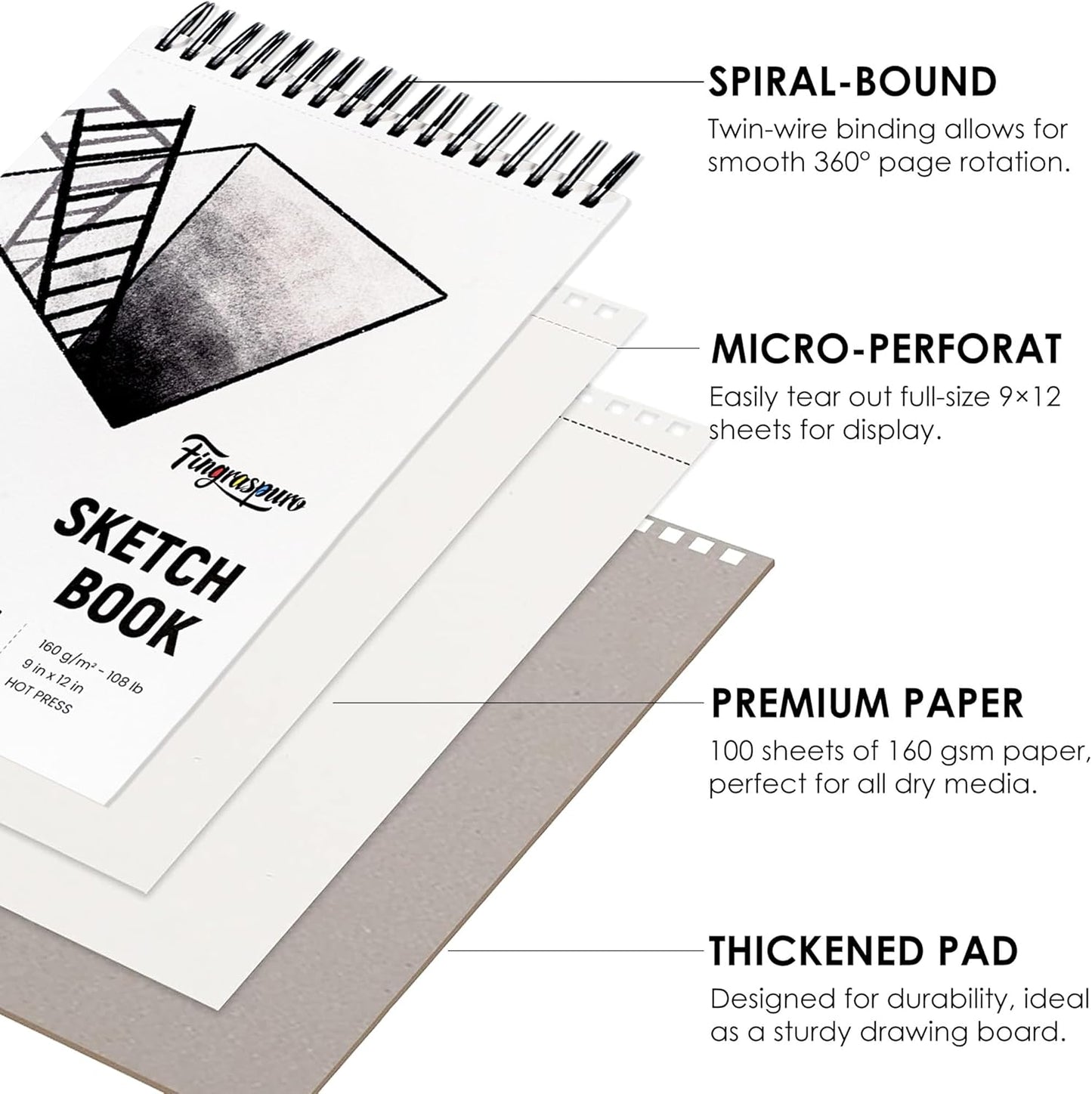 Fingraspuro 9"x12" Sketch Book, 100 Sheets, 108lb/160gsm, Top Spiral Bound Sketch Pad, Art Supplies, Sketchbook for Drawing, Acid-Free Hot Press Drawing Pad, Suitable for Various Art Tools
