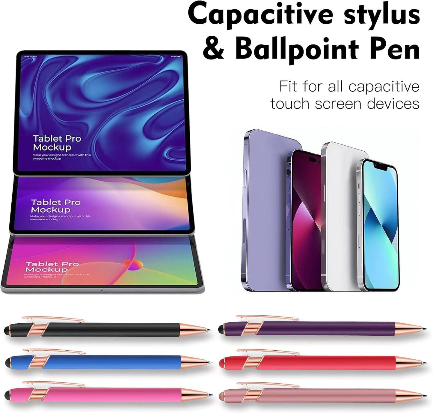 12 PCS 2 in 1 Stylus Ballpoint Pen with Stylus Tip, 1.0 mm Black Ink Metal Pen Stylus Pen for Touch Screens (12 Colors-2)