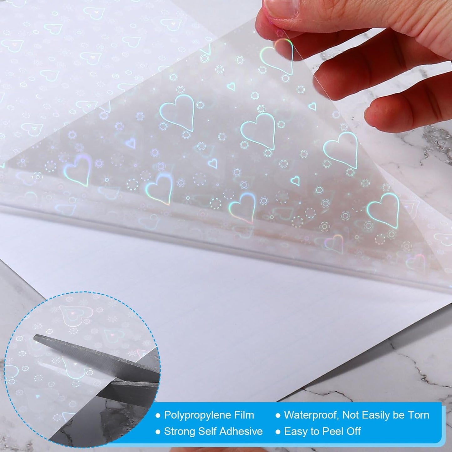 PATIKIL 11.7x8.3" Holographic Sticker Paper, 10Sheets A4 Polypropylene Self-adhesive Transparent Waterproof Laminate Overlay Film for Photo Cards Scrapbook Decorations, Heart
