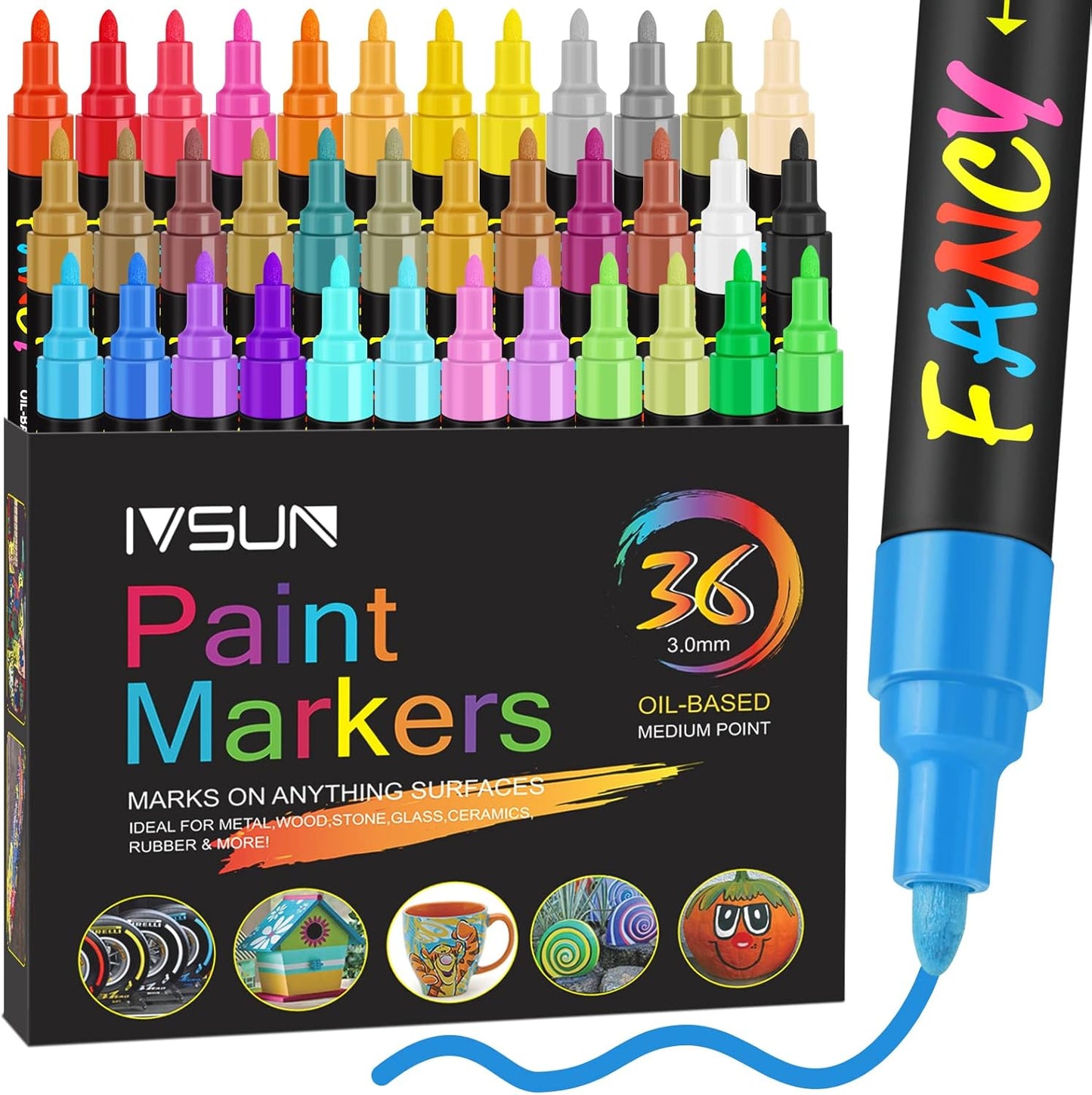 IVSUN Paint Pens Paint Markers, 36 Colors Oil-Based Waterproof Art Marker Pen Set, Never Fade Quick Dry and Permanent, Works on Rocks, Wood, Fabric, Plastic, Canvas, Glass, Mugs, DIY Craft