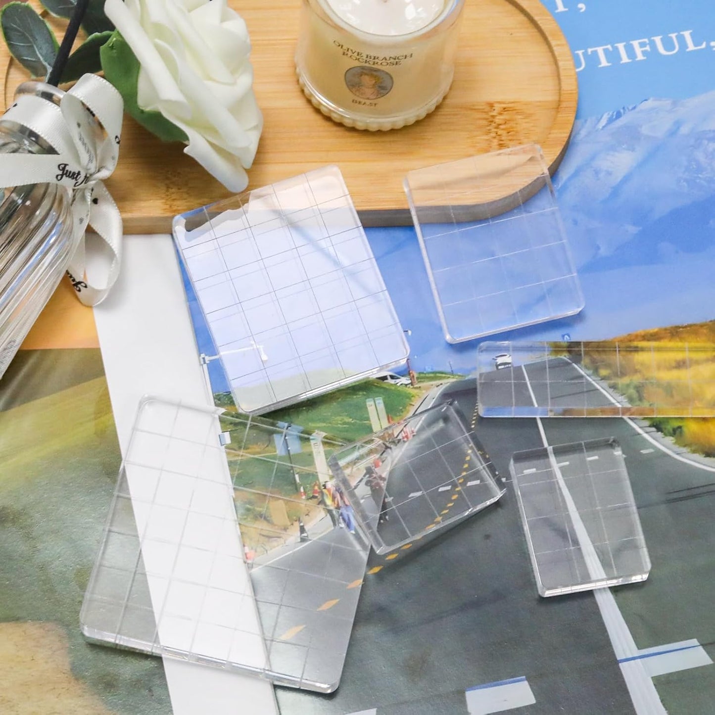 Pine & Linen 6 Pack Clear Stamp Blocks, Acrylic Tools Grid Lines Set, Scrapbooking Crafts for DIY Crafts/Scrapbooking/Card Making/Ornaments/Stamping Projects(Style-2)