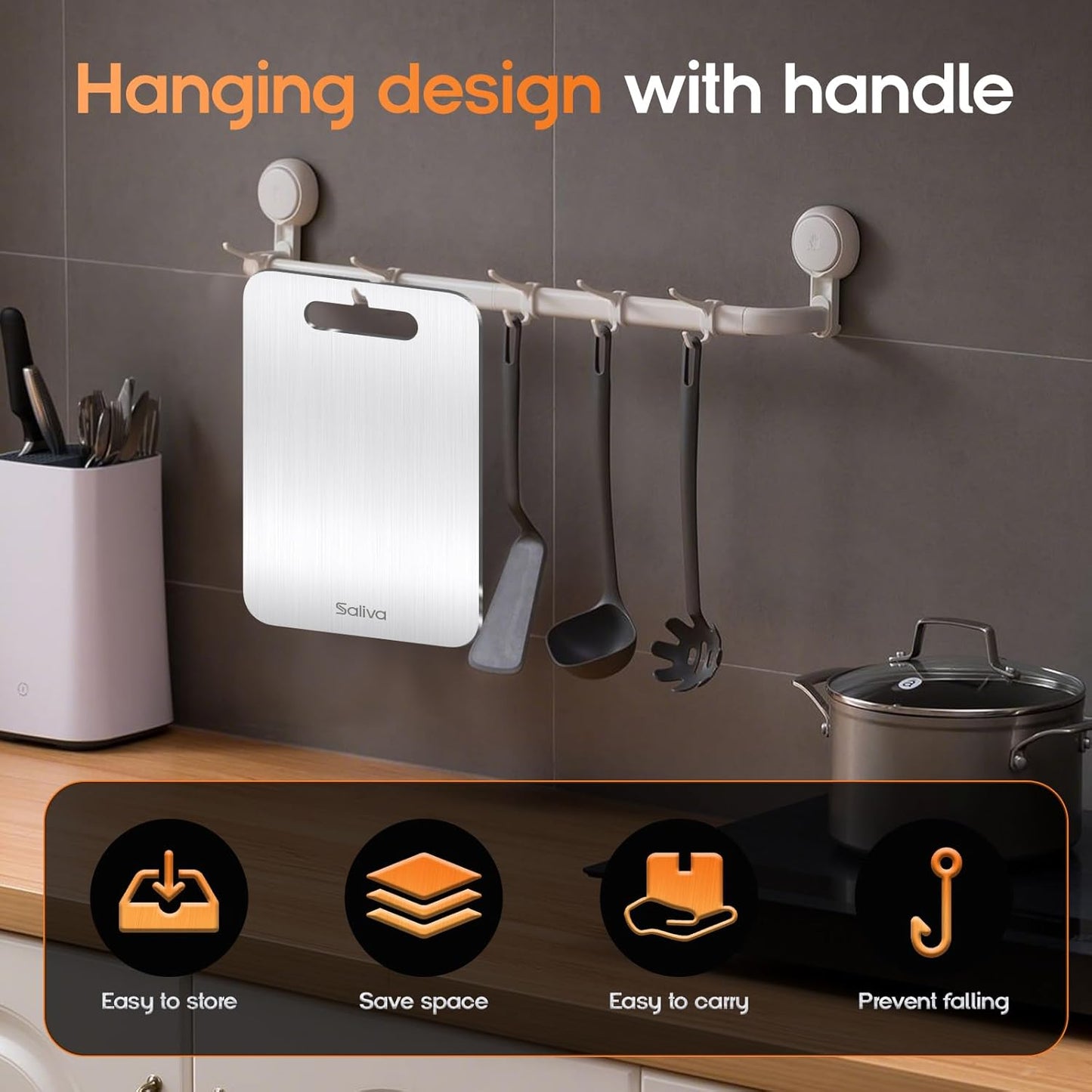 Saliva 3pcs Titanium Cutting Board for Kitchen, Titanium Cutting Boards Set of 3, Non Toxic Double Sided Food Grade, Dishwasher Safe, No Blunt Knife, Chopping Boards with Handle for Meat & Vegetable