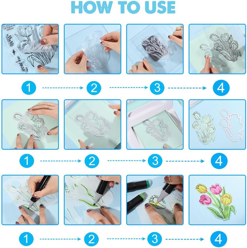 ORIGACH Tulip Layering Stencil Stamp and Die Set for Card Making, Flower Stencil Template Silicone Clear Stamps and Metal Die Sets for DIY Scrapbooking Photo Album Crafting