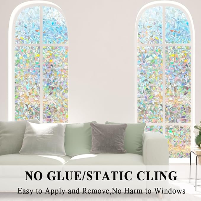 3D Prism Window Film,Transparent Decorative Glass Film Window Door Tint,Rainbow Effect Static Cling Heat Control Anti UV for Kitchen,Dining Room,Bedroom,Living Room,17.5 inches by 78.7 inches