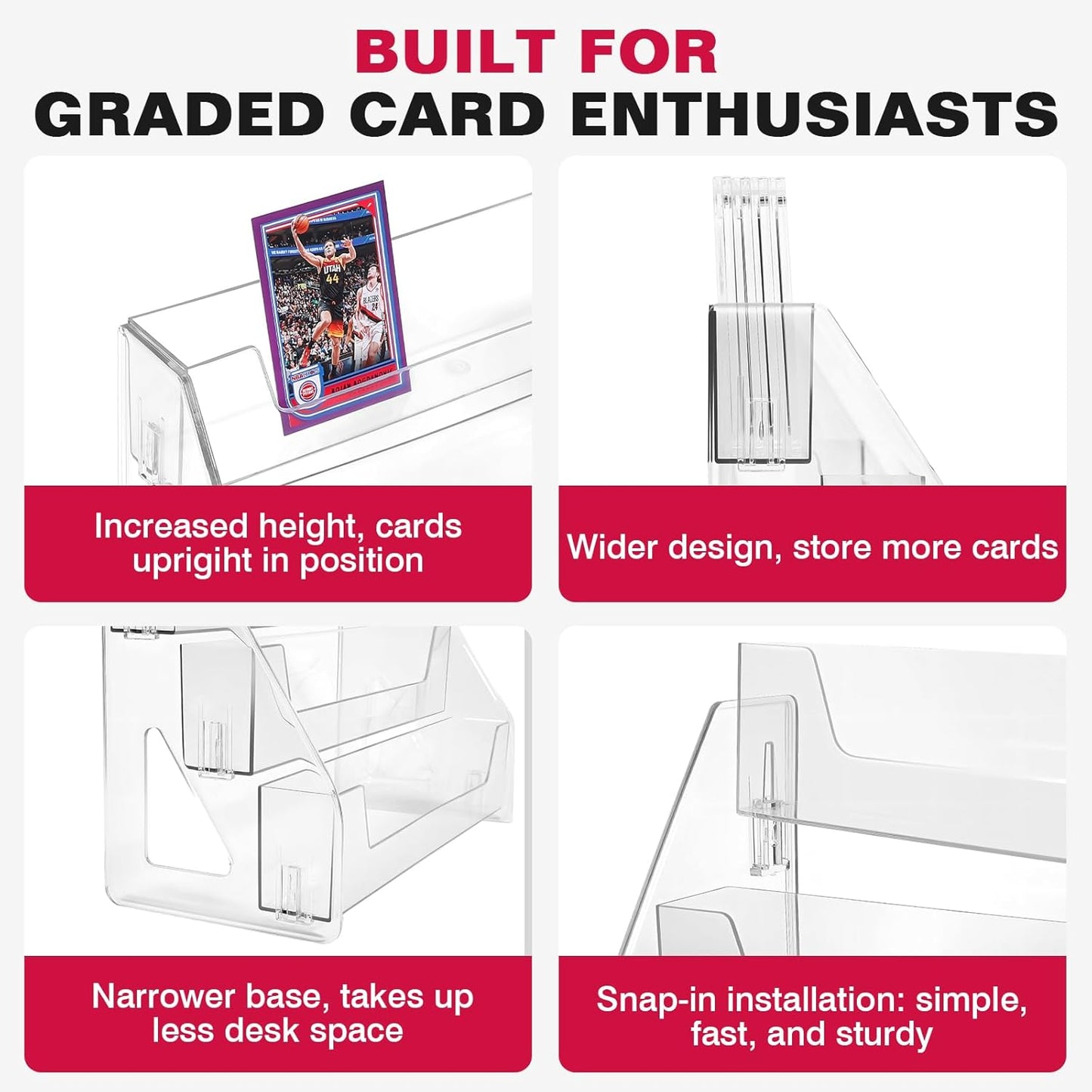 Trading Card Display Stand, Vertical Holder for Baseball Basketball Sports Graded Card Display Stand Tabletop for PSA BGS SGC Slabs, Snap-On Assembly(3 Tier, 1 Pack)