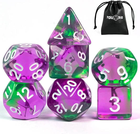 7-Die DND Dice Set Polyhedral Dice Set with a Leather Dice Bag, D&D Dice Set for Dungeons and Dragons, RPG, MTG Table Games (T/Purple Green)