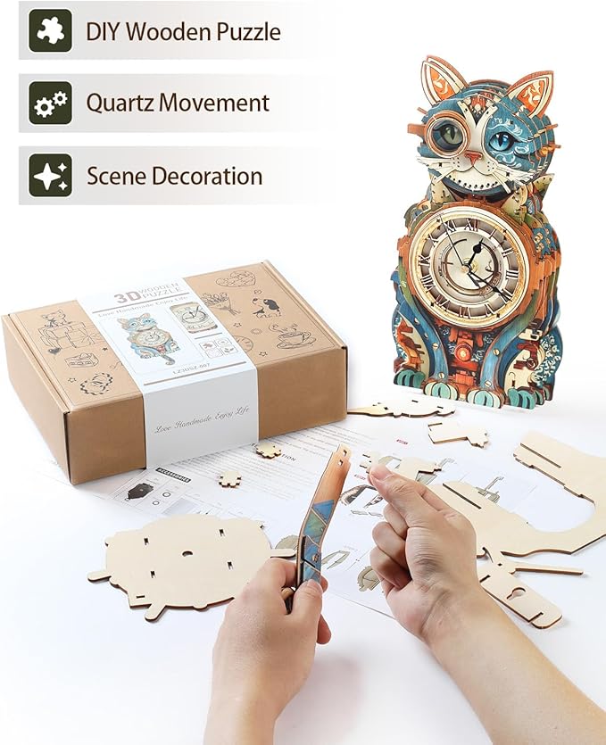 3D Wooden Puzzles for Adults, Detective Cat Clock with Pendulum Model Kit, 3D Puzzles for Adults Room Home Decor DIY Wall Clock Kit, Holiday Birthday Christmas Day Gifts for Men Women Teens