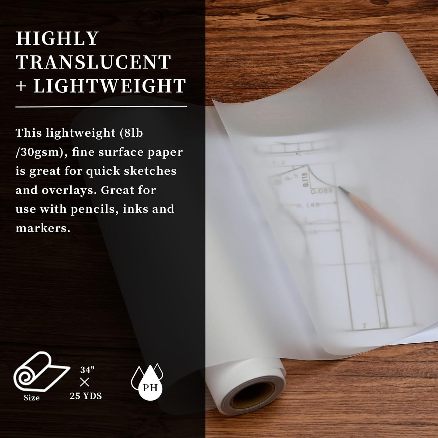 SEMLEART Artit's Tracing Paper roll,32lb/50gsm,34 inch x 25 Yard,Translucent Tracing Paper for Pencil, Marker and Ink - Trace Images, Sketching,Drawing