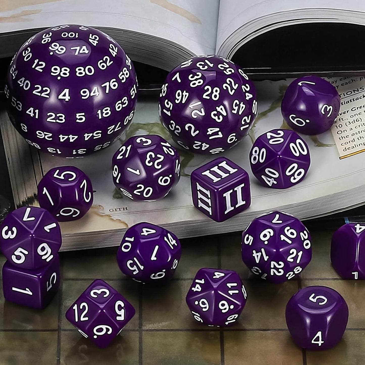 CiaraQ DND Polyhedral Dice Set (15pcs) D4-D100 Game Dice with Dice Bag for Dungeons and Dragons Role Playing Table Games (Purple & White)