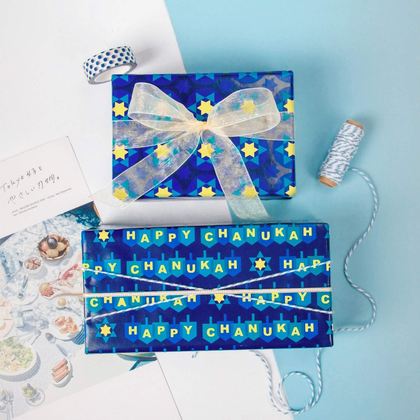 WRAPAHOLIC Hanukkah Wrapping Paper Set - Menorahs, the Star of David, Candles Design Chanukah Wrapping Paper Bundle with Gift Bow & Ribbon & Tag & Sticker