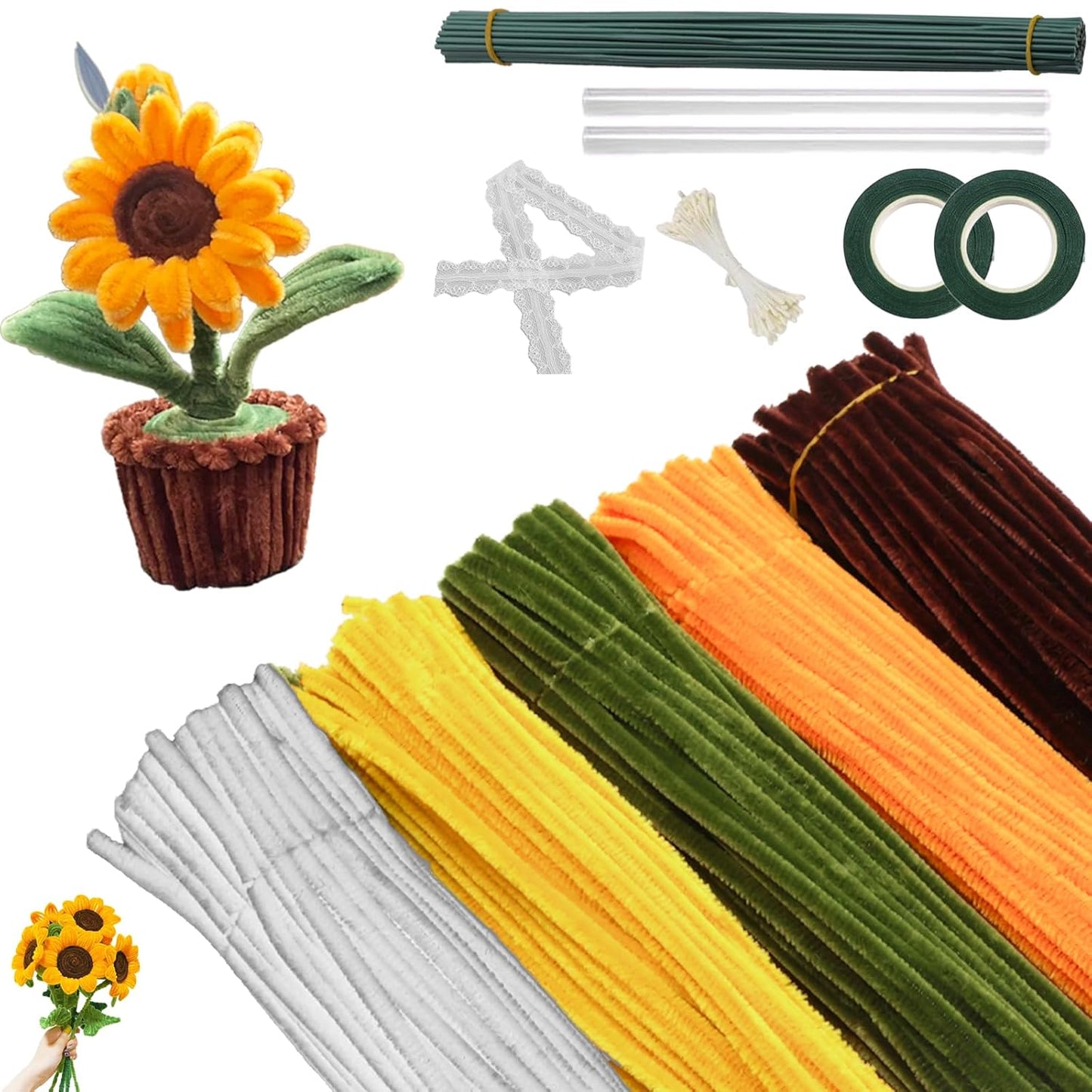 600Pcs Pipe Cleaners Craft,Multiple Assorted Colors Pipe Cleaners Bulk, Chenille Stems for DIY Flower Making Kit with Floral Wires, Gardening Tape,Stamen& Ribbon (Yellow)