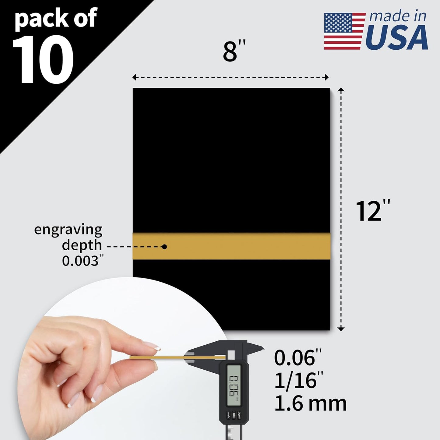 Trotec TroLase | 8"x12"x1/16", 10 Pcs | Black/Gold | 2 Ply | Modified Acrylic | Laser Engraving Double Color Plastic Sheet | Engraving Blanks for Laser, Saw, Guillotine | Made in USA