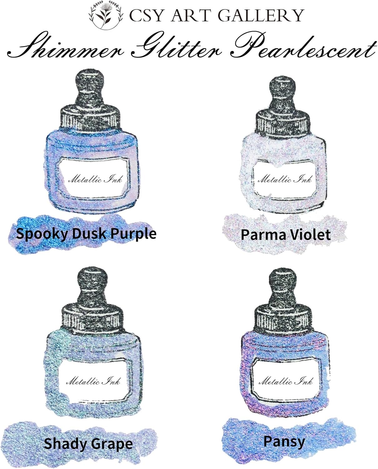 CSY art gallery Pearlescent Liquid Acrylic Ink Set Bottle -Shimmering Purple Permanent Calligraphy Inks-High Gloss,Metallic Paint for Crafts, Resin Art, DIY, Furniture, Wood (Lavender Manor Set)