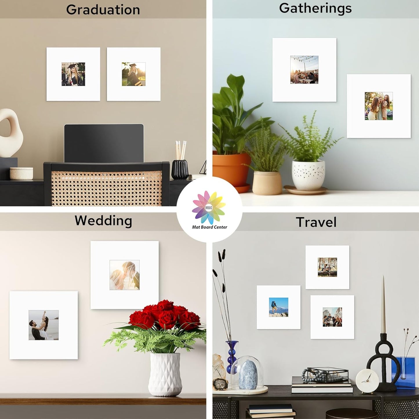 Mat Board Center, 8x8 White Mats for 4x4 Pictures - Acid Free, 4-ply Thickness, White Core, Bevel Cut - for Artworks, Photos, Framing - Pack of 12