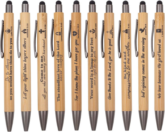 10 Pcs Christian Inspirational Stylus Bamboo Ballpoint Pens Set Bible Pens Bulk Christian Pens Gifts for Church Women Men Sunday Party Teacher Christians Supplies