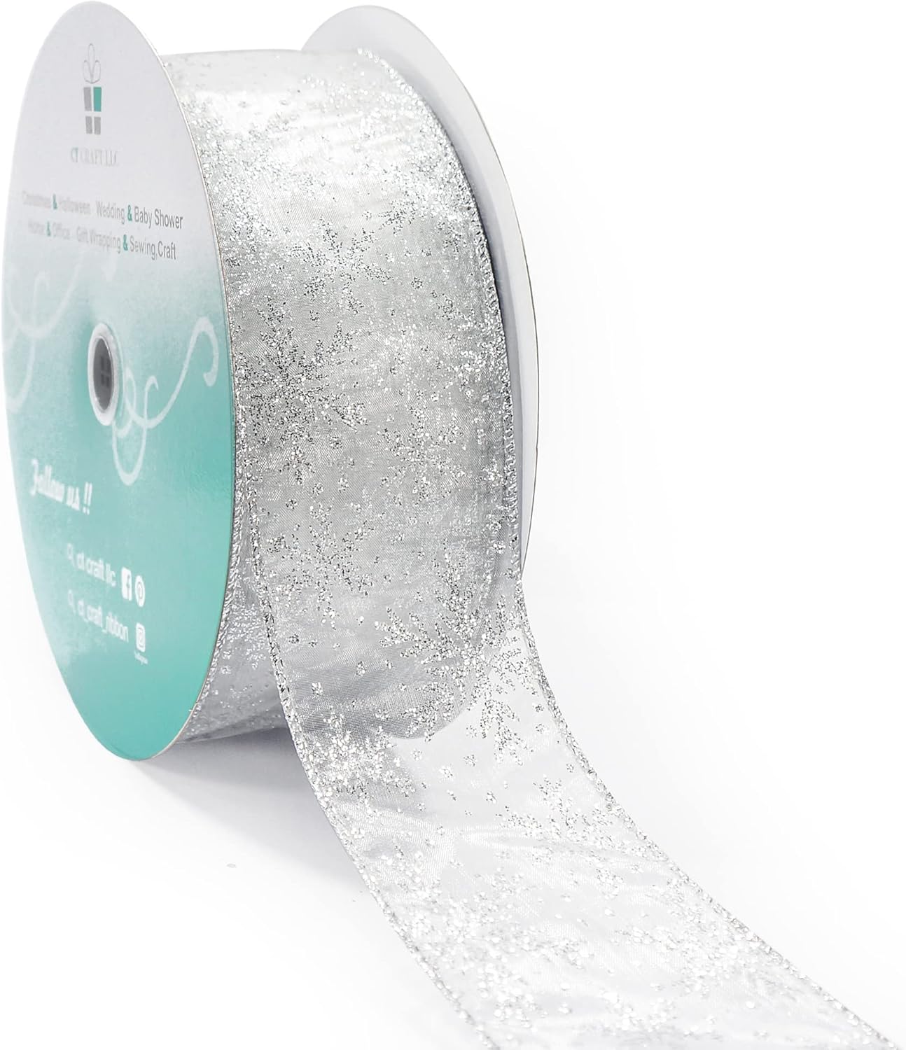 CT CRAFT LLC Organza with Silver Glitter Snowflakes Wired Ribbon 2.5 inch x 50 Yards for Christmas Home Decor Tree Topper Bow Gift Wrapping DIY Crafts Wreath Garland Wedding