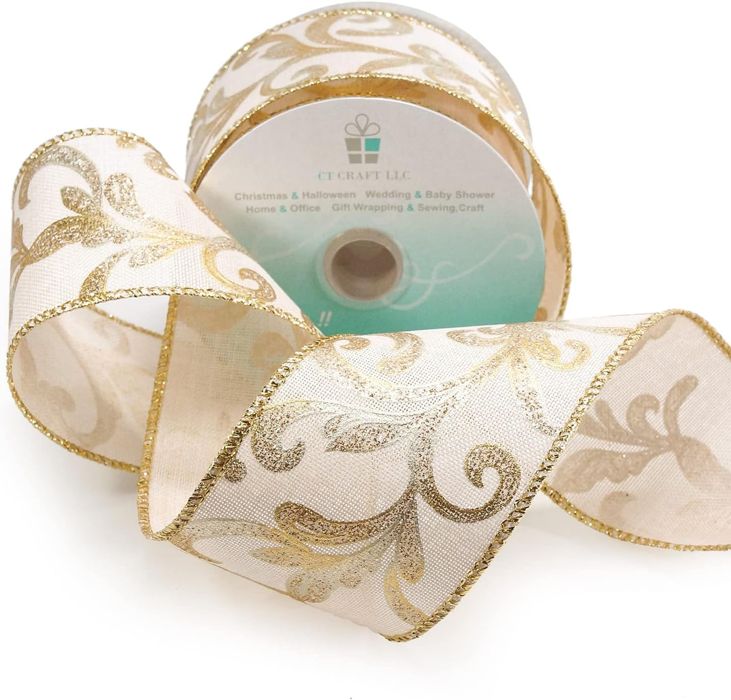 CT CRAFT LLC Tan Burlap Gold Swirl Wired Ribbon 2.5 Inch x 10 Yards for Christmas Home Decor Tree Topper Bow Gift Wrapping DIY Crafts Wreath Garland